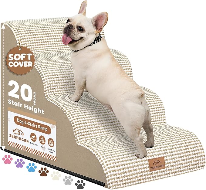 Zerbuger Dog Ramp and Stair for Bed 16" H-20 H,3-Step Cat Stair for Sofa and Chair,4-Step Dog Ramp for High Bed and Window,Durable Nonslip Fabric Cover for Indoor (Beige-20 H, Pet Friendly, 4)