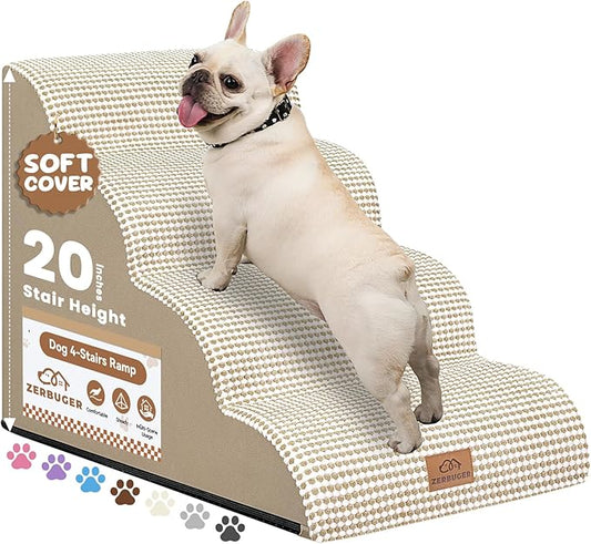 Zerbuger Dog Ramp and Stair for Bed 16" H-20 H,3-Step Cat Stair for Sofa and Chair,4-Step Dog Ramp for High Bed and Window,Durable Nonslip Fabric Cover for Indoor (Beige-20 H, Pet Friendly, 4)