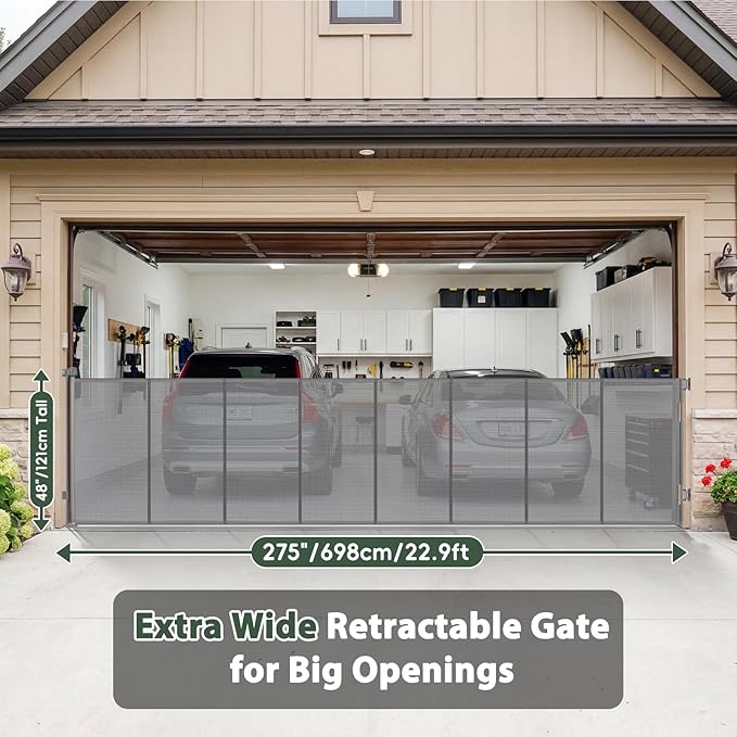 275" Retractable Baby Gates Extra Wide Retractable Fence Outdoor, 22ft Retractable Dog Gates for Doorways Extra Wide Baby Gate, 48" Extra Tall Dog Gate Retractable Pet Gate for Garage, Driveway, Gray