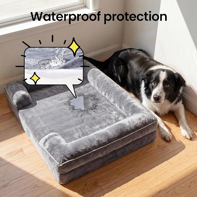 OhGeni Orthopedic Dog Bed Couch Cat Sofa for Large Sized Pets with Memory Foam, Machine-Washable Waterproof Removable Cover, Soft Comfortable Fabric, 38-inch (Gray)