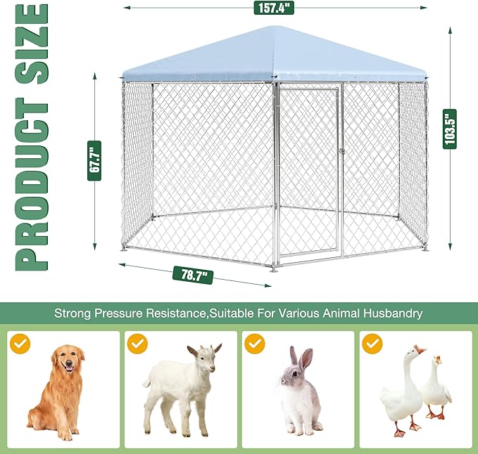 Large Dog Kennel Outside,Outdoor Dog Kennel with Roof,Large Dog Cage with Steel Fence Secure Lock for Garden/Yard (13.3X13.3X8.8 FT)