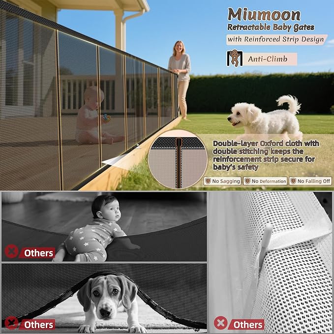 Miumoon 120 inch Retractable Baby Gates 42 inch Tall, Retractable Gate with Reinforced Strip Design to Prevent Crawling Through, 10 FT Extra Wide Retractable Dog Gate for Indoor/Outdoor