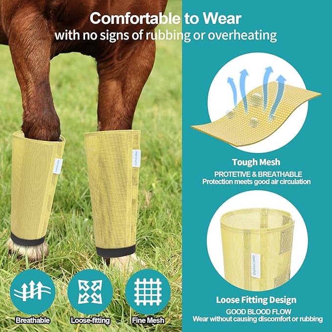 Mesh Horse Fly Boots Set of 4, Loose Fitting Leggings for Horses, Reduce Stressful Stomping, Breathable Adjustable and Universal Fit for 4 Legs, Reliable Stay Put (Pale Yellow)