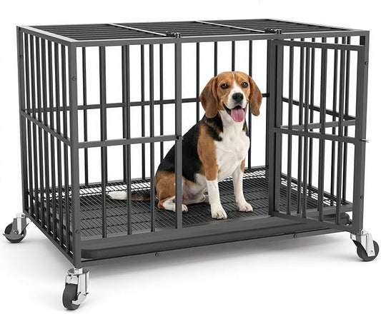 38 in Heavy Duty Dog Crate Steel Escape Proof, Indoor Double Doors and Lockable Wheels,Removable Tray, for Small and Medium Dog Breeds