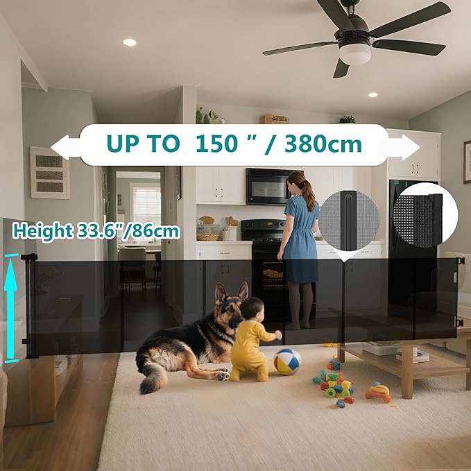 150 Inch Extra Wide Retractable Baby Gate,Mesh Baby Gate or Mesh Dog Gate,34" Tall,Child Safety Gate for Doorways, Stairs, Hallways, Indoor or Outdoor