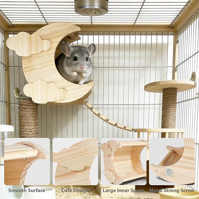 Chinchilla Hideout Wooden Hides for Guinea Pigs, Small Animal Nature Wood House Chinchilla Cage Accessories for Hamster, Squirrel, Sugar Gliders etc (Moon Shape)