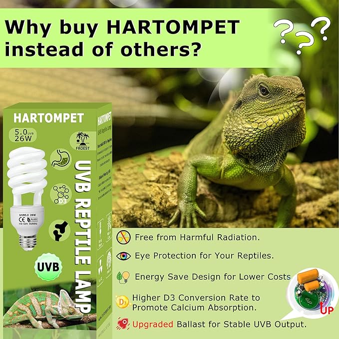 UVB 5.0 Reptile Light 26W, Compact Fluorescent Lamp, Coil UVB Bulb for Tropical Reptiles, Chameleons, Iguanas, Lizards & Terrariums