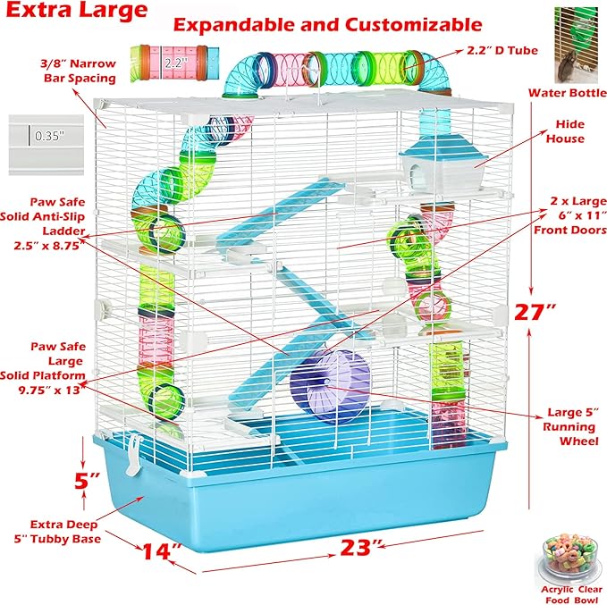 Extra Large Multi-Levels Easy Setup Deluxe Dwarf Hamster Mansion Mouse Habitat Gerbil House Full Set of Accessories for Mice Rat with Crossover Tube Tunnel Expandable and Customizable