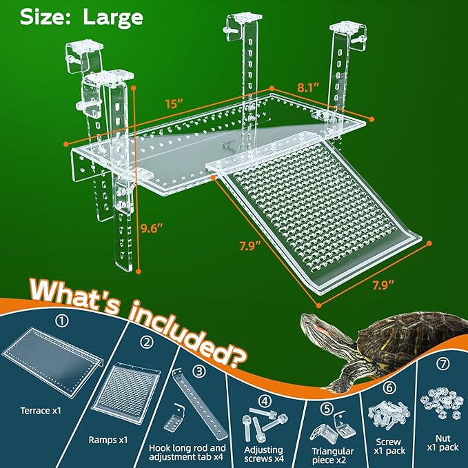 Hanging Turtle Dock Turtle Tank Accessories Adjustable, Large Basking Platform with Freely Installable Climbing Ramps for Aquatic Turtles Sturdy, Wobble-Free Design in Acrylic Material (15")