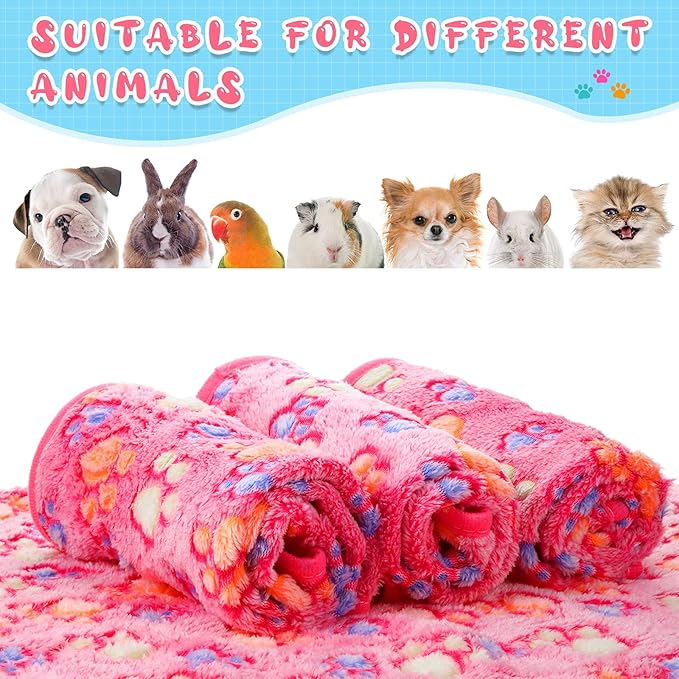 Tatuo 4 Pcs Dog Blanket for Pet Cat Blankets Indoor Puppy Teething Stuff Toys Paw Print Fleece Blanket Warm Sleep Mat for Guinea Pig Cage(Pink,Small(24 x 16 Inch),Square)