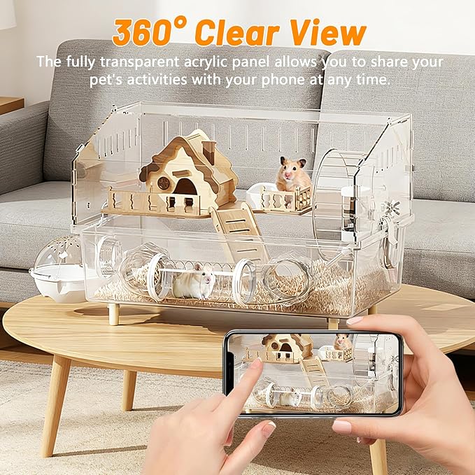 9-in-1 Acrylic Hamster Cage - Clear Pet Cage with 360° Transparent Viewing, Double Layer Chew-Proof Mice Enclosure with Crawling Tunnel for Dwarf Syrian Gerbils, 18 * 13 * 12in (Pink Cottage)