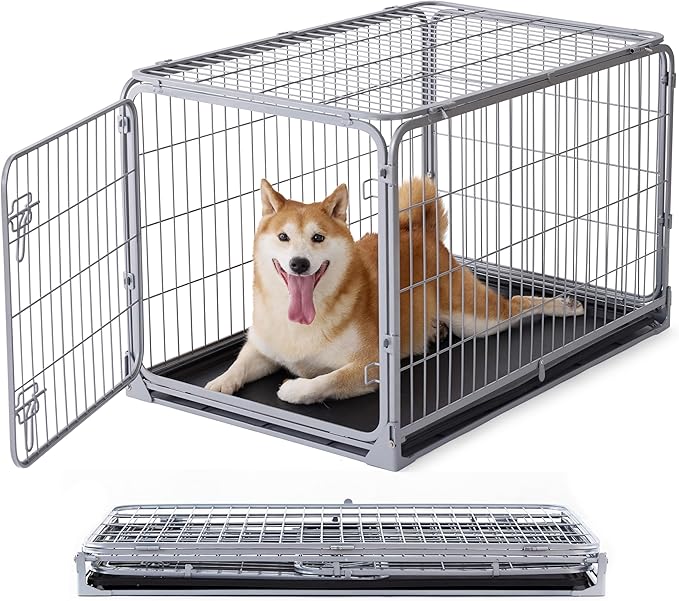 ZOMISIA Collapsible Dog Crate for Medium Dogs - Foldable 36 inch Escape Proof Metal Dog Kennel with Double Door, Dog Cage with Removable Tray for Indoor Outdoor, Silver Gray