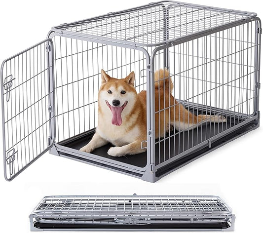 ZOMISIA Collapsible Dog Crate for Medium Dogs - Foldable 36 inch Escape Proof Metal Dog Kennel with Double Door, Dog Cage with Removable Tray for Indoor Outdoor, Silver Gray