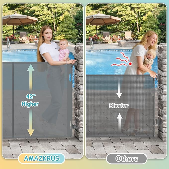 200'' Retractable Baby Gates Extra Wide, 42'' Extra Tall Retractable Dog Gate, 16 FT Grey Indoor/Outdoor Retractable Gate with Reinforcement Rods for Garage, Doorways, Stairs, Decks, Driveway, Patio