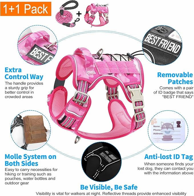 Beebiepet Heavy Duty Tactical Dog Harness for Large Dogs, No Pull Adjustable Pet Harness Reflective Service Training Easy Control Pet Vest Military K9 Working Dog Harnesses-X- Large, Pink Camo