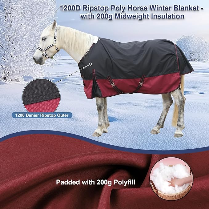 1200D Ripstop Waterproof Breathable Horse Blanket (200g Fill), Medium Weight Warm Winter Turnout, Thermal Protection for Cold & Snow Blackwine 69"