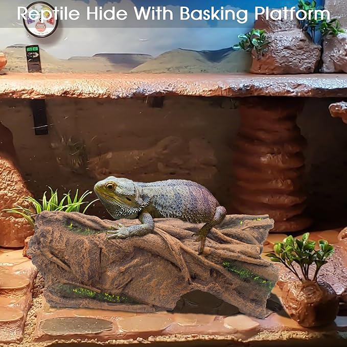 Lizard Snake or Reptile Hide, Large Hollow Log Snake Hideout for Ball Python Bearded Dragon and Gecko Eco-Friendly Resin Tank Accessory with Basking Platform & Multi-Functional Décor