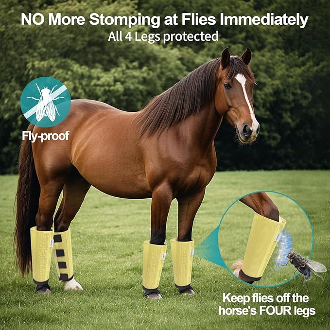 Mesh Horse Fly Boots Set of 4, Loose Fitting Leggings for Horses, Reduce Stressful Stomping, Breathable Adjustable and Universal Fit for 4 Legs, Reliable Stay Put (Pale Yellow)