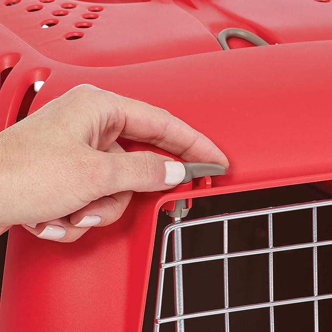MidWest Homes for Pets Spree Travel Carrier – Hard-Sided Dog & Cat Carrier, Small Pet Travel Crate with Handle, Ventilated Design, Easy Assembly, 24-Inch, Red