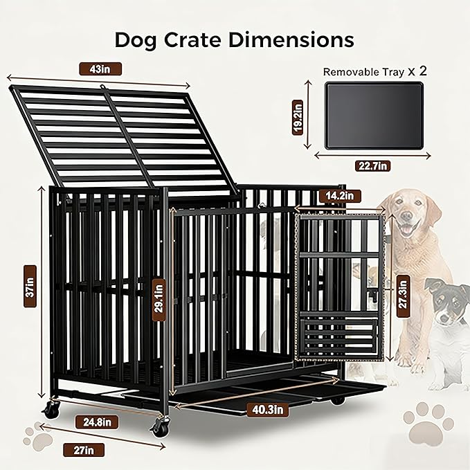 Heavy Duty Dog Crate, Escape-Proof Indestructible Cage for High-Anxiety Dogs, 3-Door Kennel with 4 Lockable Wheels and 2 Removable Trays Ideal for Large & Medium Breeds (43 Inch)