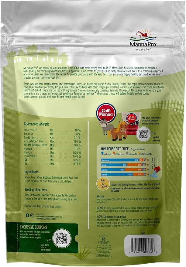Manna Pro Farmhouse Favorites Mini Horse & Mini Donkey Treats –Baked Snack for Mini Horses & Mini Donkeys – Hand Mixed Treat – Oats, Apple & Banana Flavored – 3lb Bag (Pack of 2)