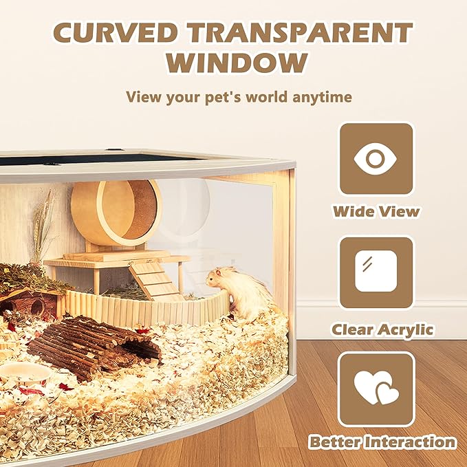 Prolee Hamster Cage Chew Proof Wood, Hamsters Enclosure Openable Top with Curved Design,Waterproof Small Animals Cage with Acrylic Sheets for Gerbils,Hamster Habitat(32 Inches)