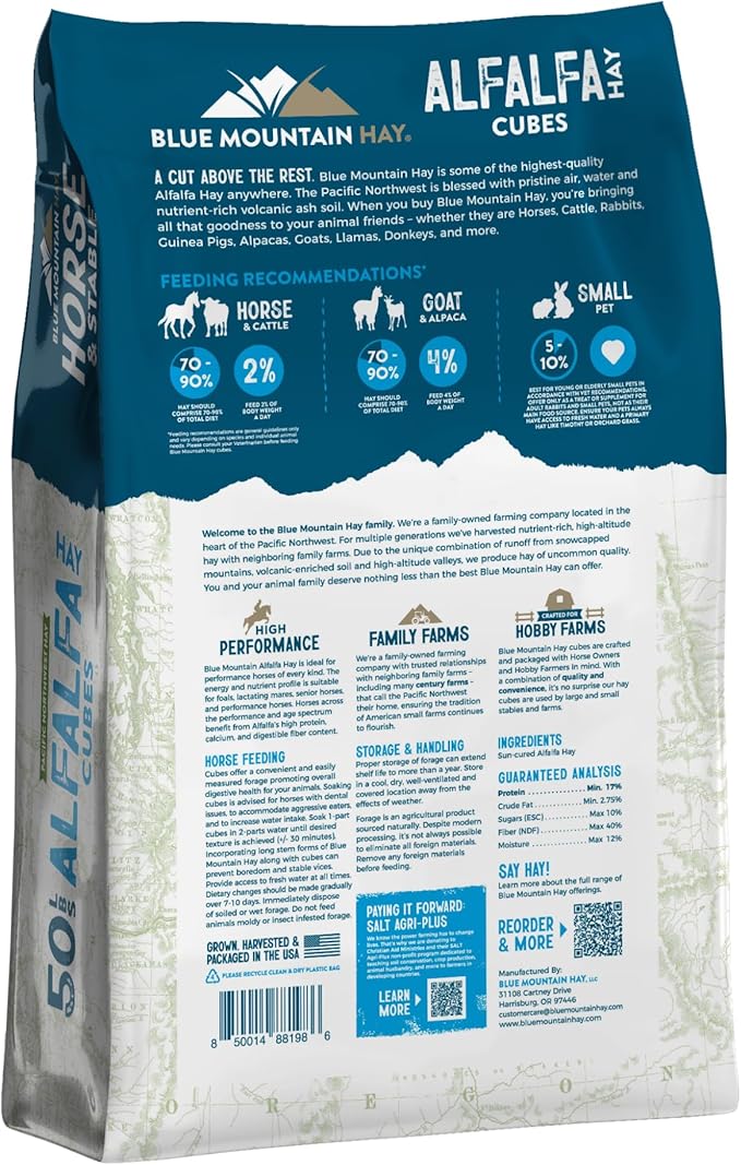Blue Mountain Hay High-Altitude Alfalfa Hay Cubes Easy Flake Box (50 lb),Leafy Texture, High Protein Fiber & Minerals, Easy Storage Feed Solution for Homestead Use