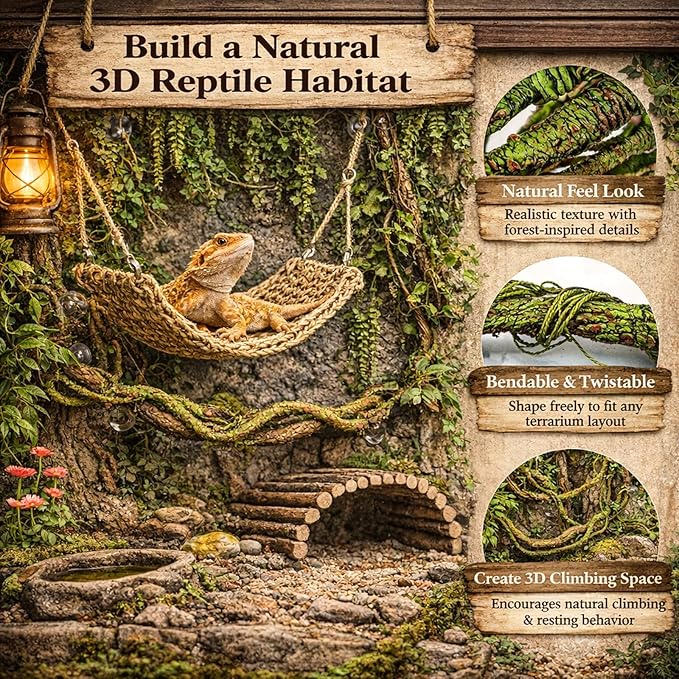 RUNANIA Bearded Dragon Tank Accessories, 10 PCS Reptile Hammock Plants Bridge Jungle Climber Vines for Snakes Bearded Dragon Chameleon Gecko Lizard