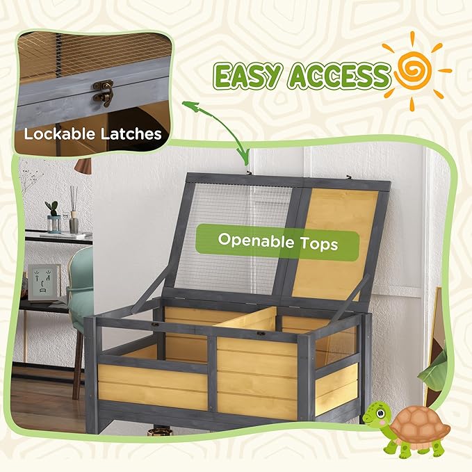 Turtle Habitat Enclosure, Large Wooden Tortoise House for Indoor and Outdoor Use, Reptile Enclosure with Openable Roof & Secure Locking System (Yellow+Storage Shelf)