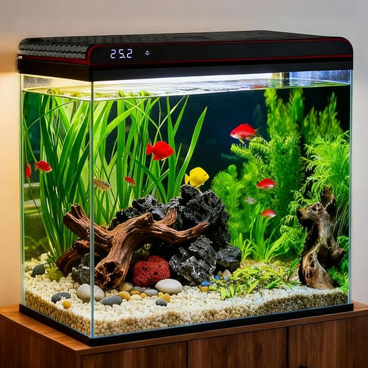 Coospider 20 Gallon Glass Fish Tank, Aquarium Starter Kit with Quiet Filter Pump, 3-Color LED Lights, Simple Self-Cleaning Aquarium with Temp Monitoring for Betta Fish, Shrimp, Kids Gift Idea