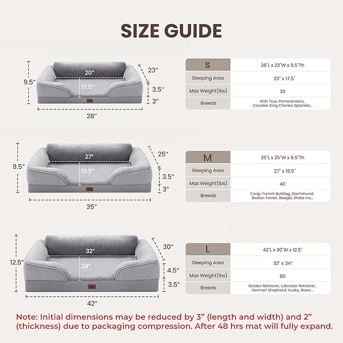 Orthopedic Dog Beds for Medium Size Dogs, Waterproof Egg-Crate Foam Pet Couch Bed with Soft Sides, Non-Slip Dog Sofa with Fleece Removable Washable Cover, 28"L Supportive Pet Sofa, Light Grey