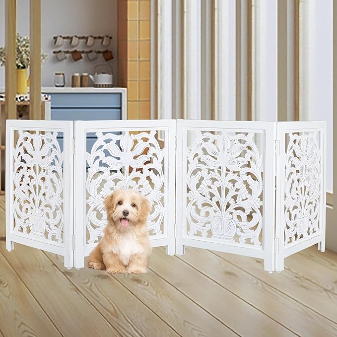Lightnpro Wooden Dog Gate -Foldable Freestanding Pet Gate for Indoor Use, Adjustable Safety Barrier for Dog, Puppies & Small Pets, for Stairs & Doorways- 24" Height 18" Wide (4 Panel) Antique White