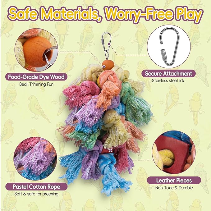 Bird Toys for Parrots - Natural Cotton Rope Preening Toy, Hanging Bird Toys for Cockatiels, Conures, Parakeets, Enrichment Parrot Toys for Beak & Feather Health