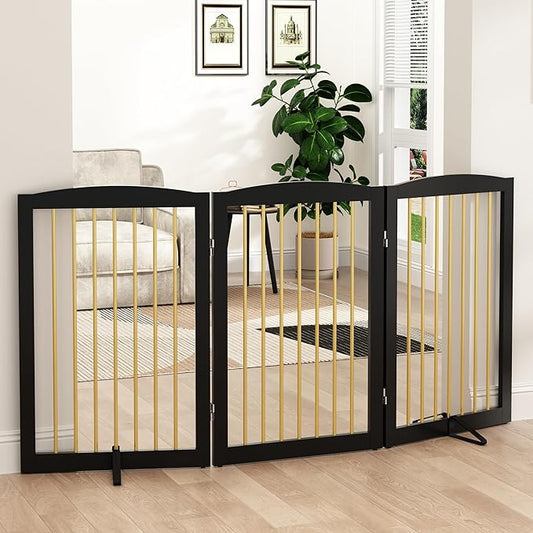 PUPETPO Freestanding Pet Gate for Dogs, Foldable Wooden Dog Gate for House Indoor, Step Over Pet Puppy Safety Fence for Stair, Doorway,Hall, Support Feet Included,3 Panels 32",Black&Gold