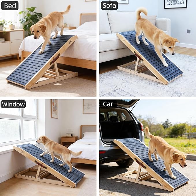 ZJSF Foldable Wooden Dog Ramp for High Bed, Dog Stairs for Small Dogs, High Traction Platform with 5 Adjustable Heights (13"-23.5"), 40", Supports up to 150 lbs