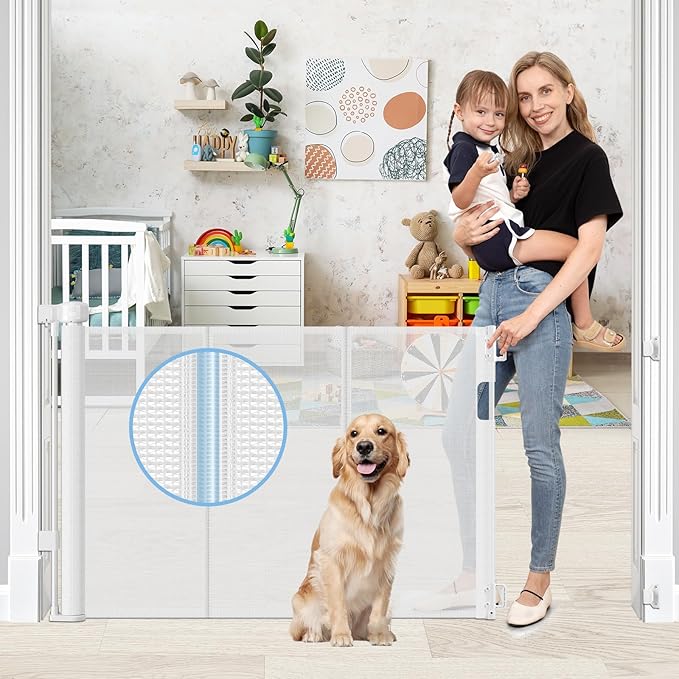 Reinforced Retractable Baby Gates with Support Rods, Retractable Pet Gate for Dog Prevent Bottom Crawling Through, Extends up to 55” Wide, Reinforced Mesh Stairs Gate for Kids Child Safety Gate, White