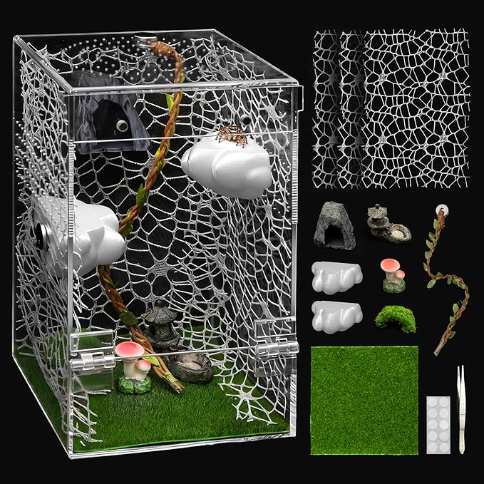 AZV Large Jumping Spider Enclosure Clouds Kit,Escape Proof Praying Mantis Habitat,Magnetic Front Door Tarantula Cribs Ventilation Spider Cage,Transparent Acrylic Reptile Tank,Bug Terrarium,Snail House