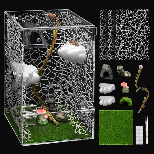 AZV Large Jumping Spider Enclosure Clouds Kit,Escape Proof Praying Mantis Habitat,Magnetic Front Door Tarantula Cribs Ventilation Spider Cage,Transparent Acrylic Reptile Tank,Bug Terrarium,Snail House