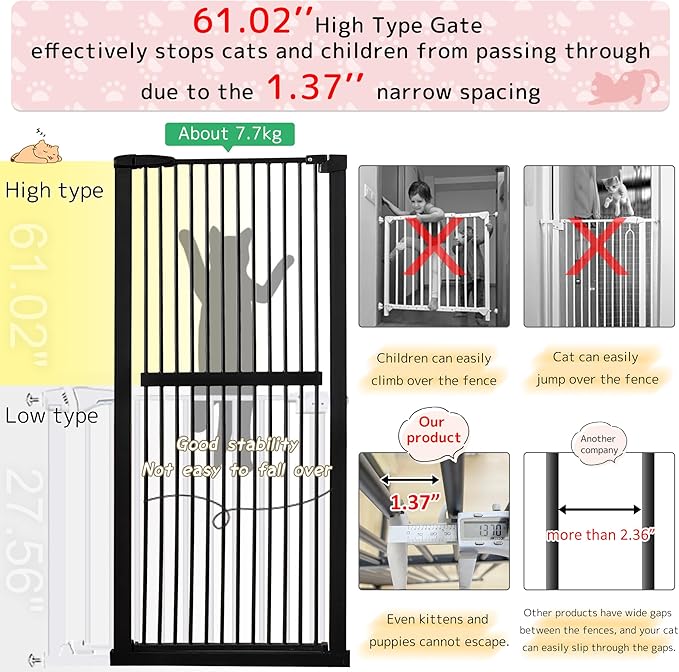 Lumizone Extra Tall Cat Gate 61.02" High Pressure Mounted Extra Wide 30.12"-38.38" (17Sizes) 1.37" Gap No Drilling Auto-Close Tall Pet Gate for Dogs (Black, 30.12"-38.38" W)
