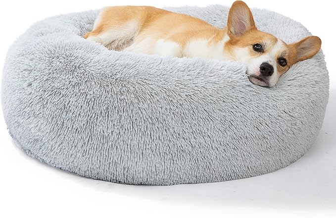 SAVFOX 30 inches Calming Donut Dog Bed - 3X Durable Plush Faux Fur, Machine Washable & Non-Slip, Fits up to 45 lbs, Light Grey
