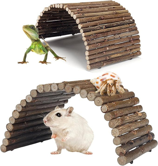 QUOZUO 2PCS Reptile Hideout Hermit Crab Bendable Bridge, Wooden Hermit Crab Hideout Climbing Toys, Reptile Tank Habitat Decor Hiding Hut for Lizards, Mice, Spiders