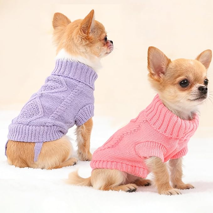 2 Pack Turtleneck Puppy Sweaters Warm Knitted Dog Sweaters for Small Dogs Girl Boy Teacup and Cats Pet Clothes Doggie Apparel Outfits, Pink Purple, XS(2.4~3.8lbs)