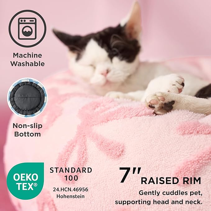 LE SURE Shown on TVDonut Small Dog Bed - Round Cat Bed for Indoor Cats Anti-Anxiety Calming Gift for Pets, Washable Cute Modern Beds with Jacquard Shaggy Plush & Anti Slip Bottom, 23 Inch, Pink Taffy