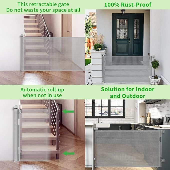 Retractable Baby Gate, Mesh Baby Gate or Mesh Dog Gate, 33" Tall, Extends up to 71" Wide, Child Safety Gate for Doorways, Stairs, Hallways, Indoor/Outdoor(Grey, 86cmx180cm)