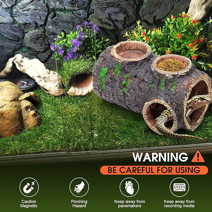 MECESOR Magnetic Reptile Hide with Waterer & Feeder Trough,Resin Hollow Tree Gecko Hideout Cave,Non-Toxic Climbing Toy Terrarium Decor for Green Anole,Tree Frog Climbing Accessories,Grey