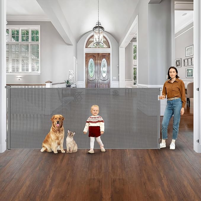 48” Tall 145” Wide Baby Gates for Large Openings Retractable Baby Gates for Doorways Extra Wide Pet Gate Indoor Gate Outdoor Dog Gate for Deck Mesh Baby Gate Retractable Gate Extra Tall Baby Gate Gray