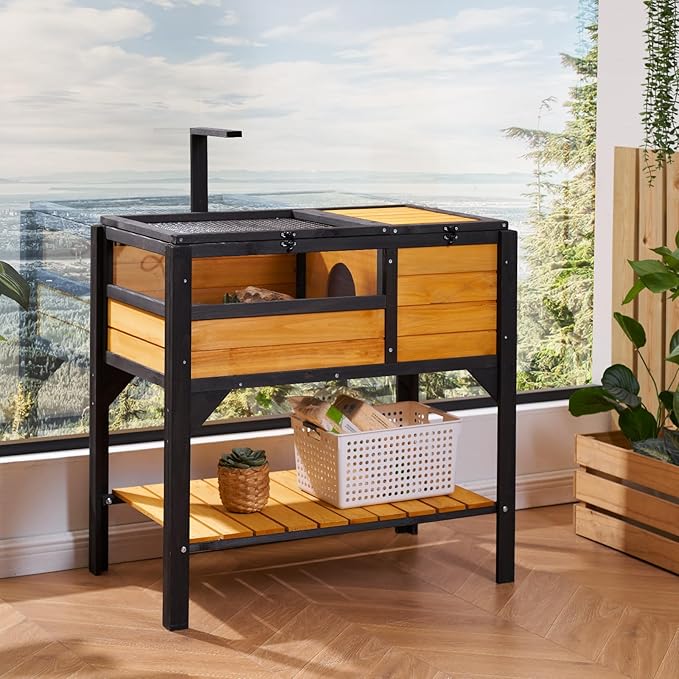 VEVOR Tortoise Habitat, Cedar Wooden Tortoise House Indoor & Outdoor, Tortoise Enclosure with Light Stand, Reptile Enclosure Small Animal Cage with Stand Legs for Gecko, Lizard, Snake
