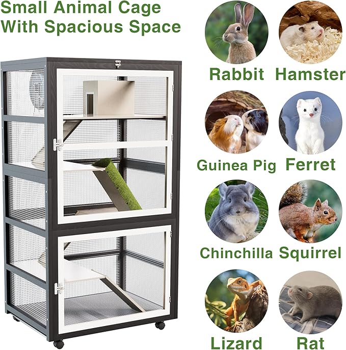 5-Tiers Small Animal Critter Cage Large Ferret Cage 55''H Chinchilla Cage with Easy-Clean Removable Tray, Hamster Wheel, Tunnel, House, Ramp & Cover, Lockable Wheels, for Indoor & Outdoor