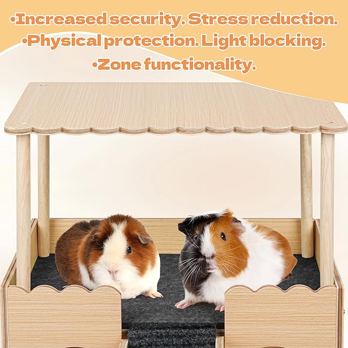 Wooden Guinea Pig Hideout Castle with Stairs,Small Animal Bed Hut Habitats Spacious 2-Level Detachable Small Pet House for Rabbits, Hamsters & Chinchillas Bunny (Updated Grey)