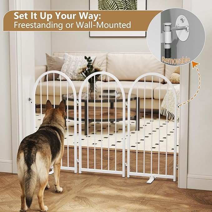 PUPETPO Full Metal Dog Gate with Door for Indoor Outdoor, 32" Tall Free Standing Pet Dog Fence, 72" Extra Wide Pet Gates for Stairs, Hallways, Doorways, Kitchen, Decks, Yards (White, 4 Panels)